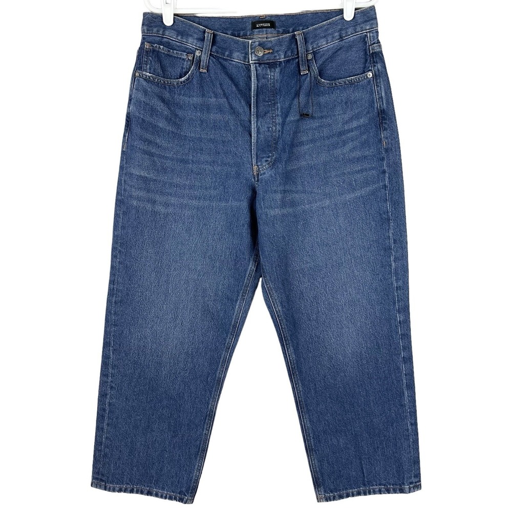 NWOT Express Women's Ankle Dad Denim Jeans Size 12 Buttons High Rise Cotton Blue